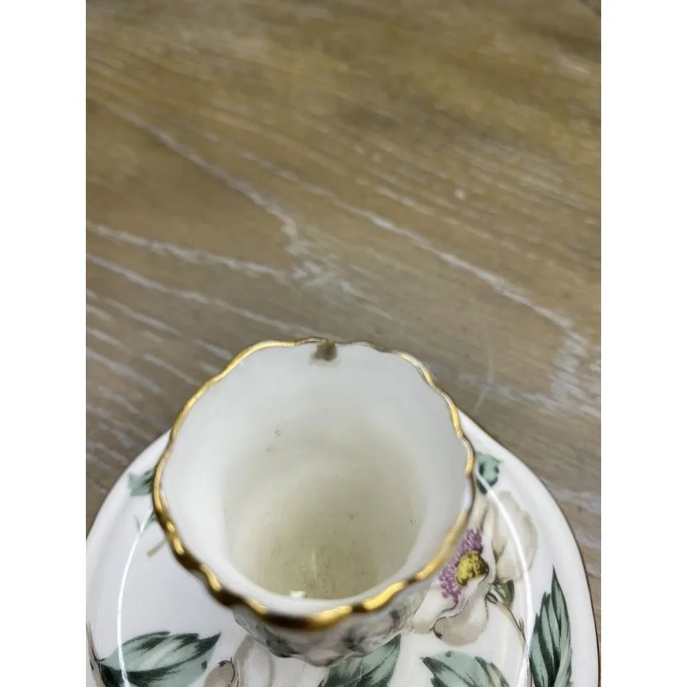 Staffordshire Candle Holder Bone‎ China White Flower Gold